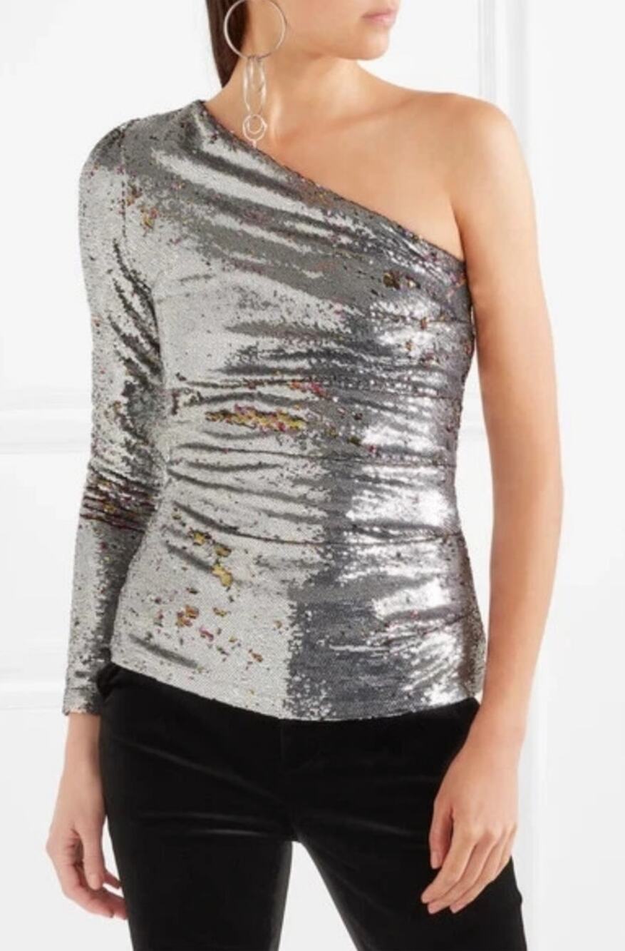 Maje One Shoulder Sequin Irridesant Top Silver Sz 2 Disco